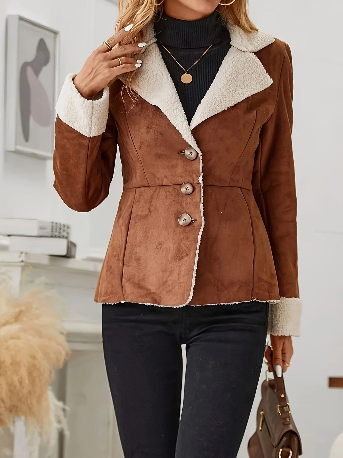 Streetwear Suede Slim Jackets Women Single-Breasted Pockets Long Sleeve Coats Fashion Fall Casual Vintage Elegant Outwears ﻿