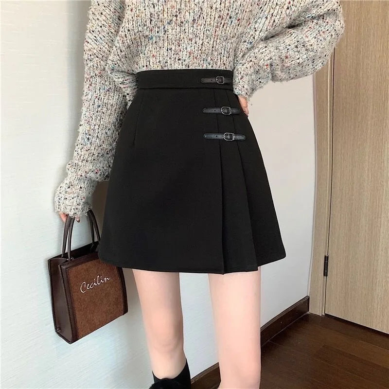 Black Artificial Wool Pleated Skirts Women Fall Winter High Waist Korean All-Match A Line Skirt Y2K Ladies Streetwear Mini Skirt