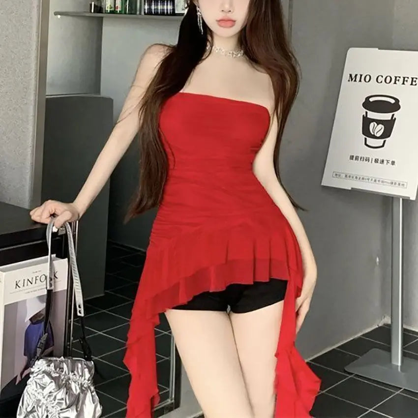 Chic Spring Summer Irregular Ruffled Vest Mesh Sweet Women's Vest Top Elegant Cropped Tube Top Party
