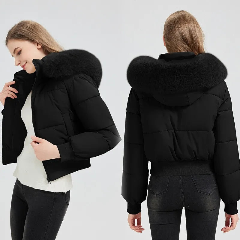 Winter Female's Parka Coat Solid Waist-cinching Faux Fur Trimmed Hood Quilted Jacket For lady Figure-flattering women's Jacket