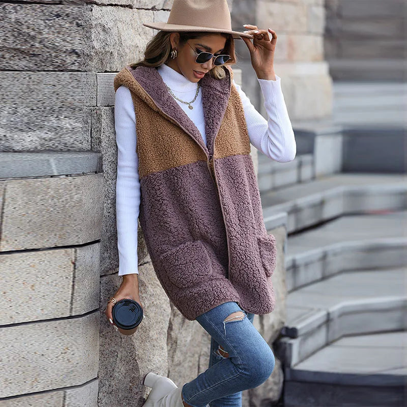 Autumn Winter Sleeveless Vest Coat Woman Khaki Hooded Plush Warm Waistcoat Lady Solid Casual Warm Vest Jacket