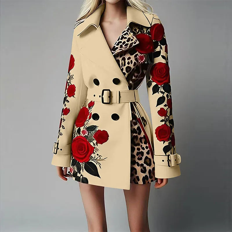 Women Long Sleeve Floral Flower Printed Office Coat Double Button Belt Lapel Collar High Waist Jacket