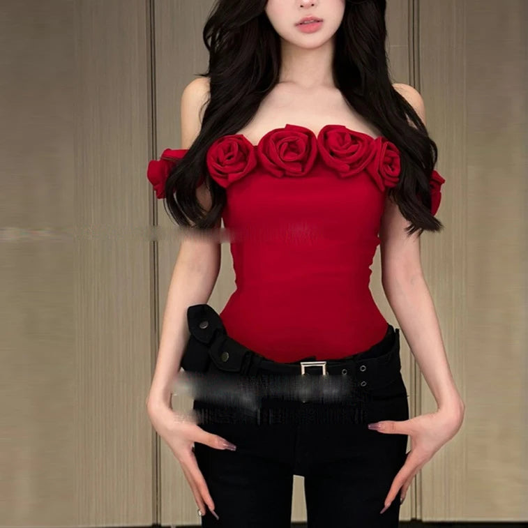 Women's Off Shoulder Flower Design Blouse, Loose Slim Fit Vest, Casual Clothes, Elegant, Leisure, Sexy, New, Fashion