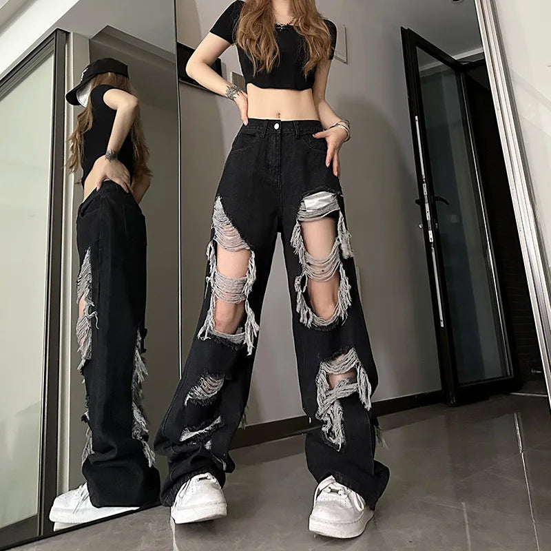 Women Vintage Gothic Black Ripped Jeans High Waist American Retro Streetwear Y2k Pants Harajuku Casual Wide Leg Denim Trousers