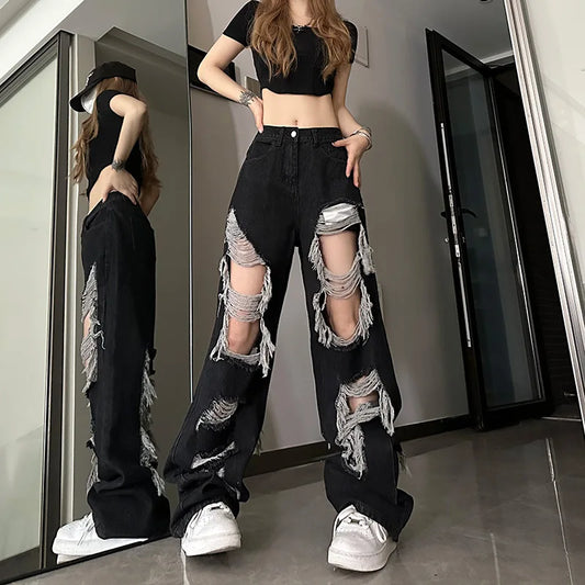 Women Vintage Gothic Black Ripped Jeans High Waist American Retro Streetwear Y2k Pants Harajuku Casual Wide Leg Denim Trousers