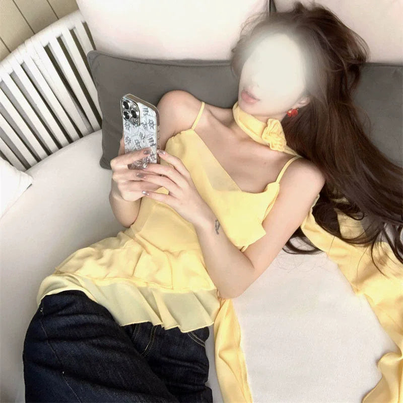 Chic Women Flutter Sleeve Camisole Tops Tiered Ruffled Ribbon 3D Flower Square Neck Crop Tank Tops Y2K Vintage Streetwear