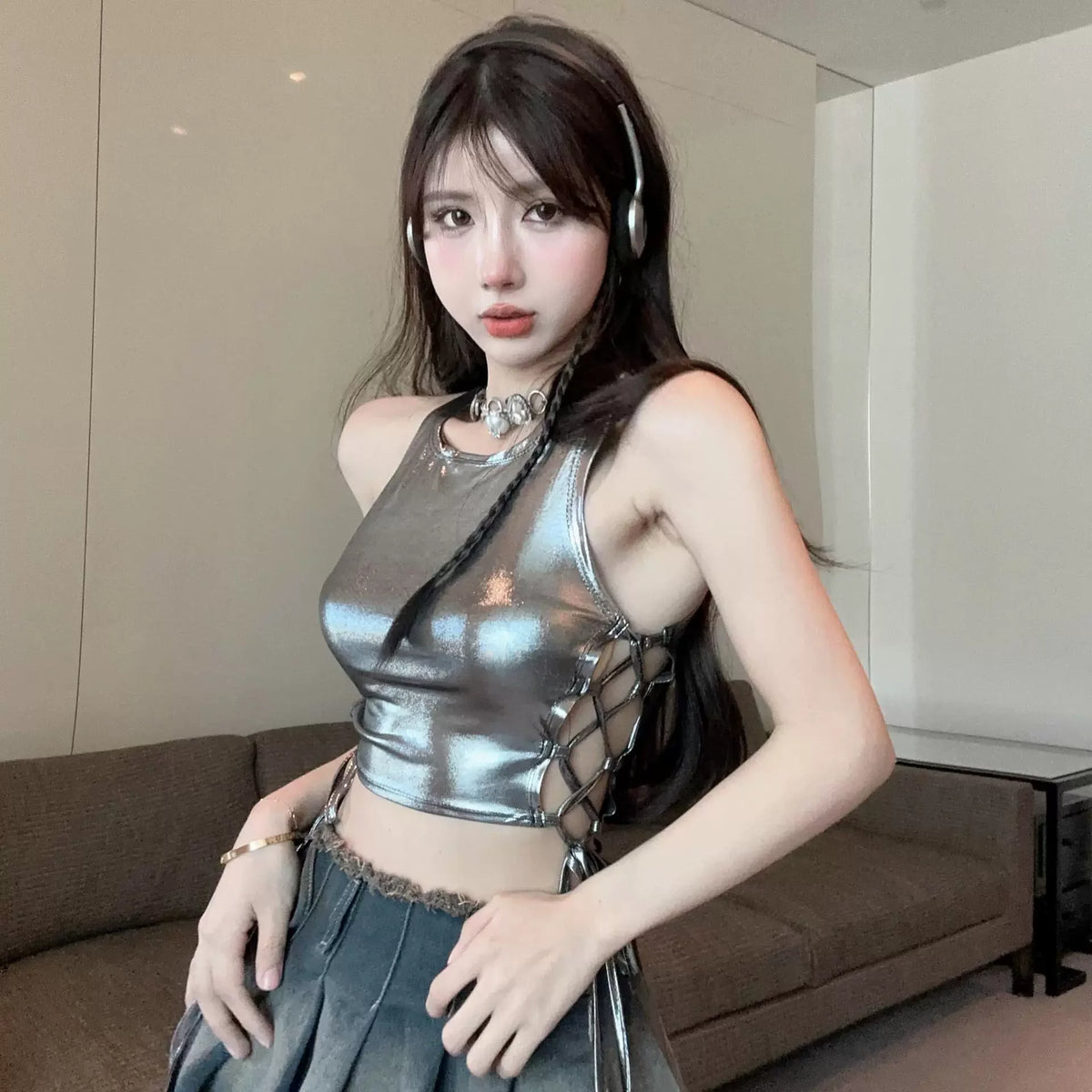 Sleeveless Hollow lace up Decorated Tank Sexy Casual Bodycon Top Party Club Streetwear Spring Summer ﻿