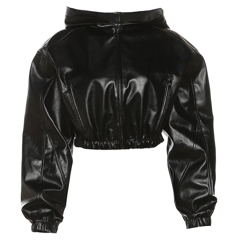 Black Hooded Cool Leather Jacket Spring Autumn Korean Loose-Fit Slim Short Zipper Motorcycle Jacket