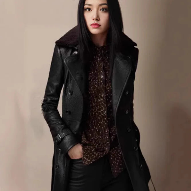 New Black High Grade Leather Jacket Women Spring Autumn Slim British Fur Collar Outerwear Classic Moto Locomotives Jacket