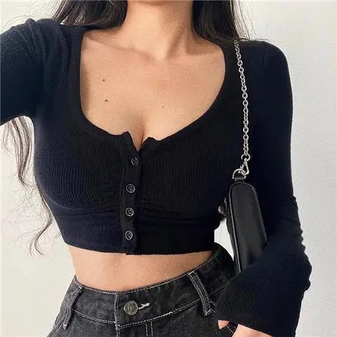 Sexy Hot Girl Tie Dye Long Sleeve T-Shirt Ultra Short Tight Inner Wear Base Shirt Jazz Dancing Black Top Women's Cotton Tee