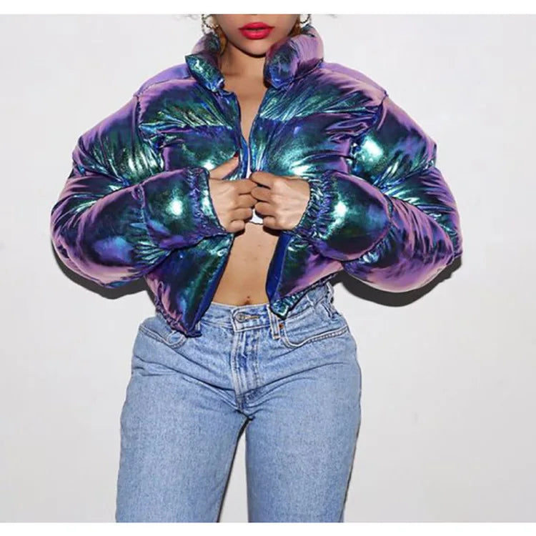 Women Cotton-padded Jacket Jacket Fashion Casual Glossy Long Sleeve Autumn And Winter Stand Collar Short Zipper Sexy Warm Street