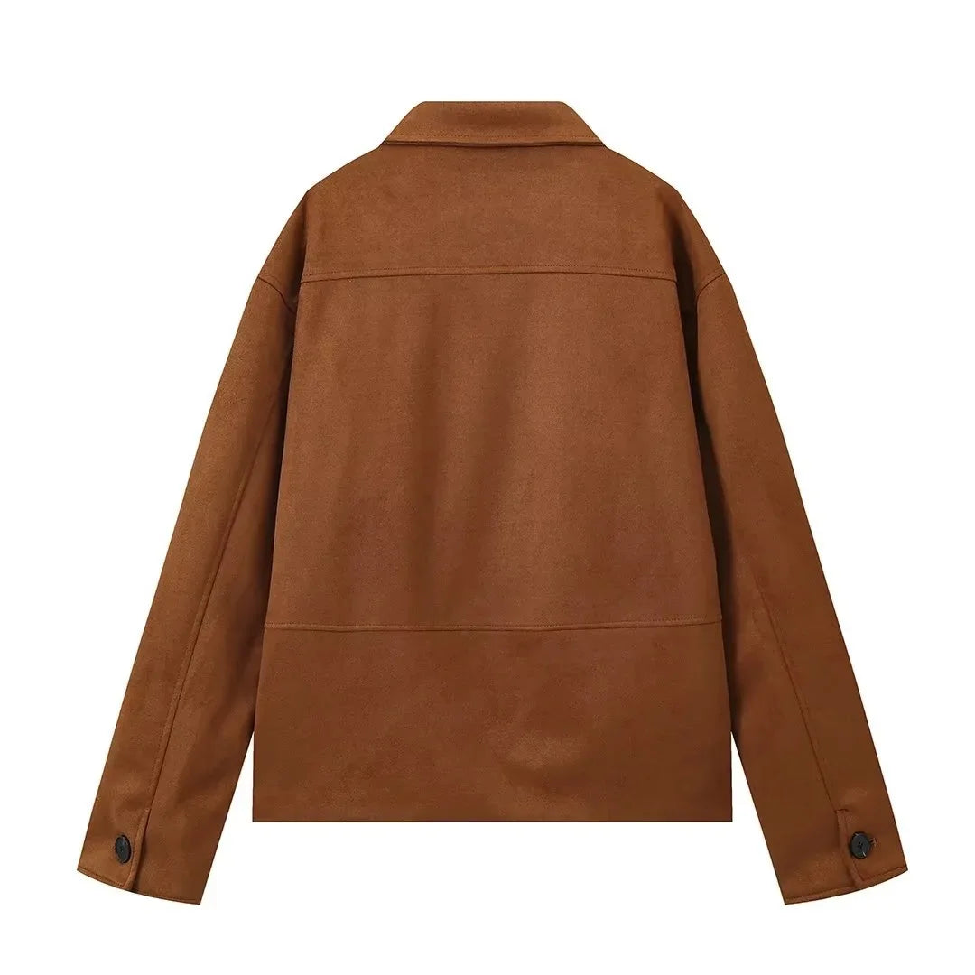 French collar long sleeved casual loose women's autumn new item 2025 short style suede texture effect jacket