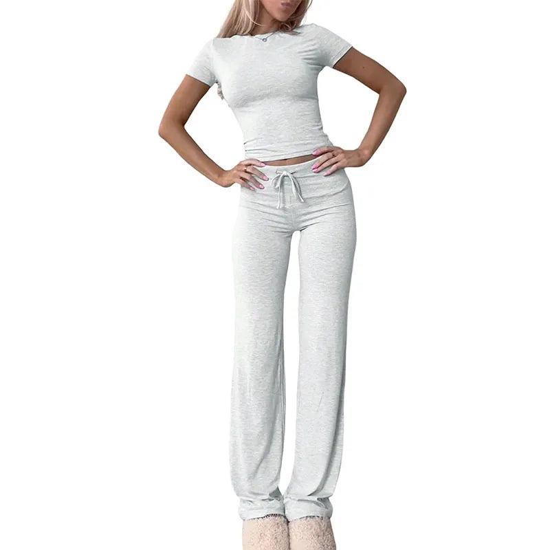 Summer Comfortable Casual Women's Home Sports Set New Fashionable Solid Color Slim Body Clothes + Trousers Two-piece Set