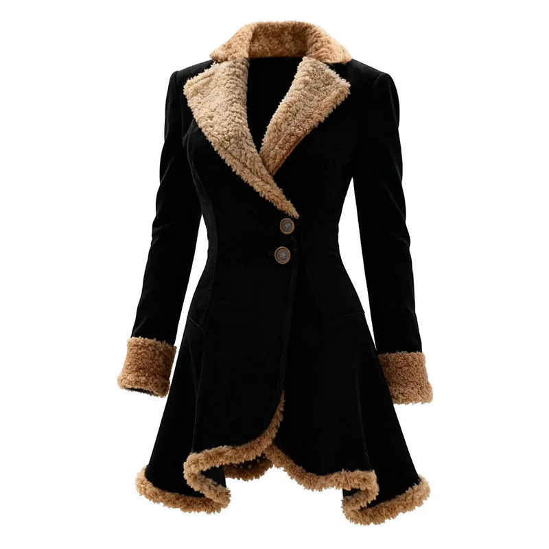 Vintage Women's Coat Brown Western Denim Plush Autumn And Winter Fashionable Warm Coat Outdoor Windproof Slim Fit Windbreaker