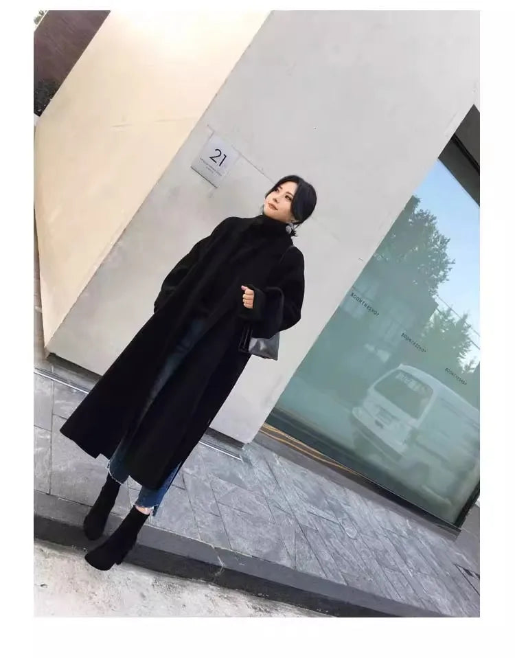 Women's Fashion Autumn/Winter New Slim Fit Waistband Flip Collar Woolen Coat