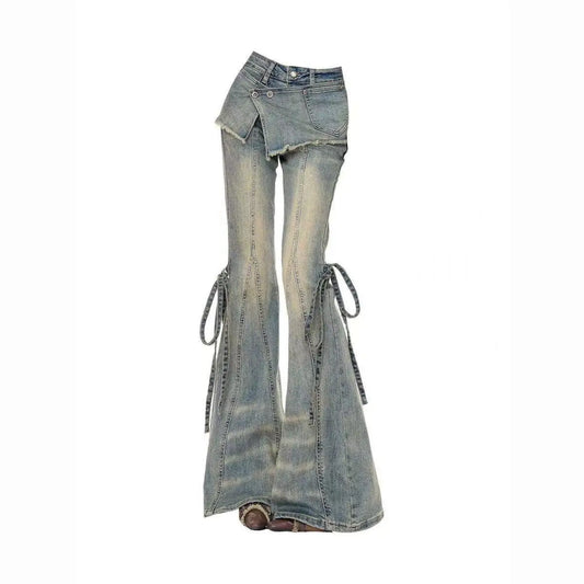 Vintage Flare Jeans Women Y2k Harajuku Patchwork Bandage Denim Pants Streetwear Grunge High Waist Casual Design Trousers