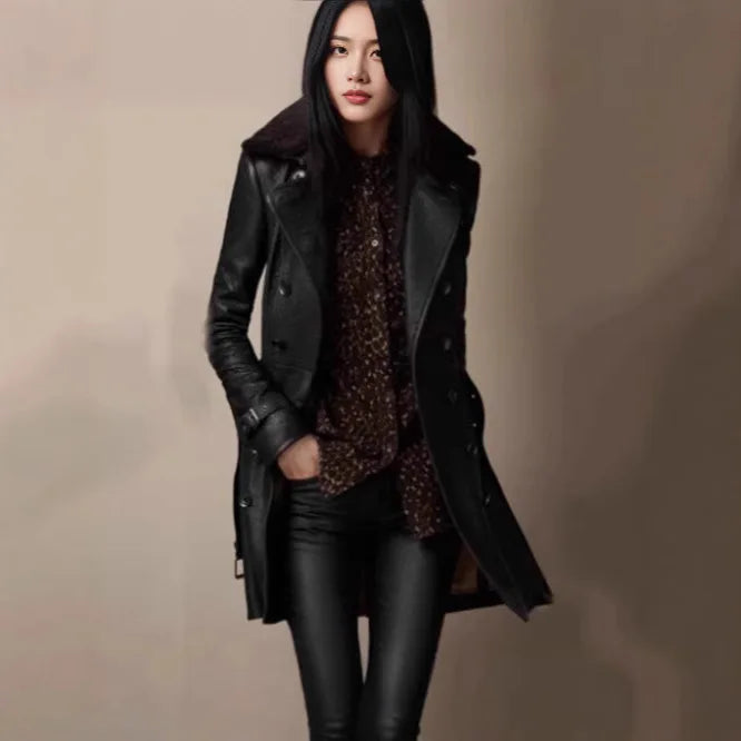 New Black High Grade Leather Jacket Women Spring Autumn Slim British Fur Collar Outerwear Classic Moto Locomotives Jacket