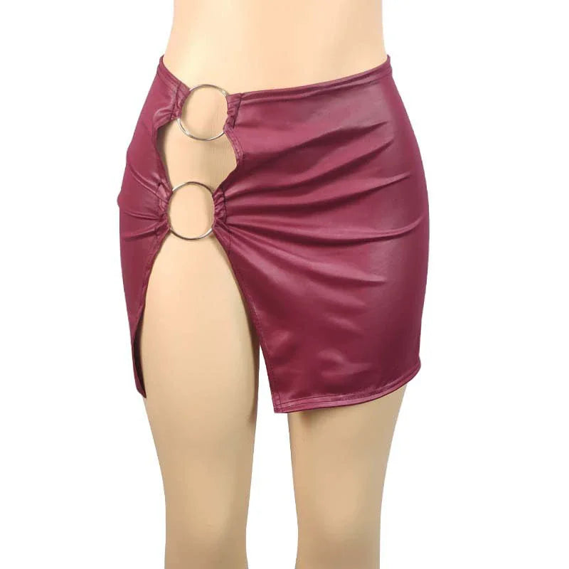 PU Imitation Leather Metal Ring Side Split Mini Skirt Women High-waist Fittness Slim Skirts Vintage Bodycon Skirt Club Party