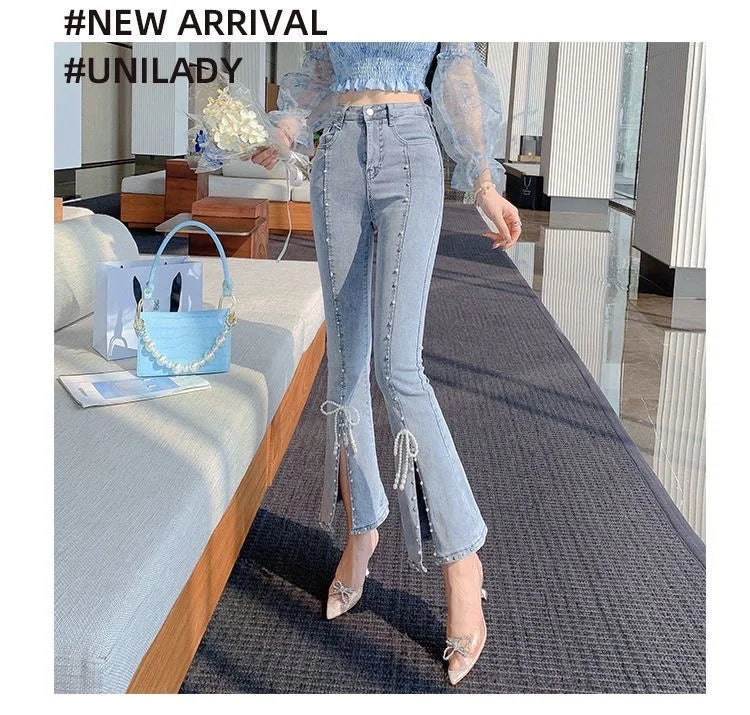 Chic and Elegant Stretch With Slits Trousers Y2k Luxury Designer Women's Cropped Flare Jeans High Waist Shot Female Cowboy Pants