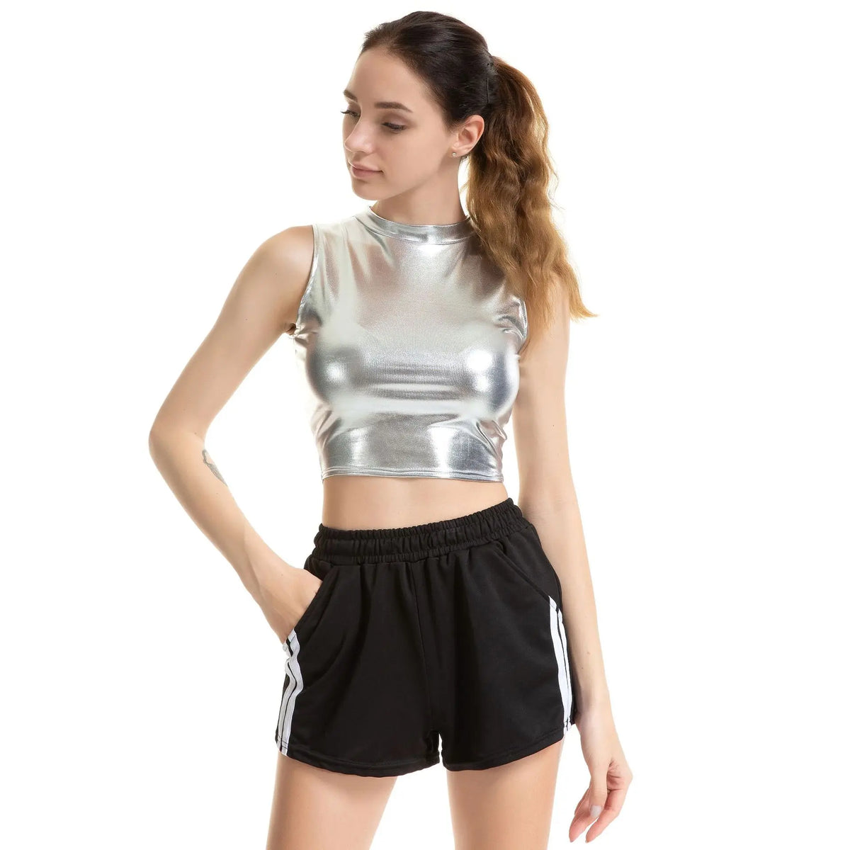 Womens Shiny Metallic Patent Leather Sleeveless Mock Neck Crop Tank Tops Camisole Night Club Party Rave Dance Costume Clubwear