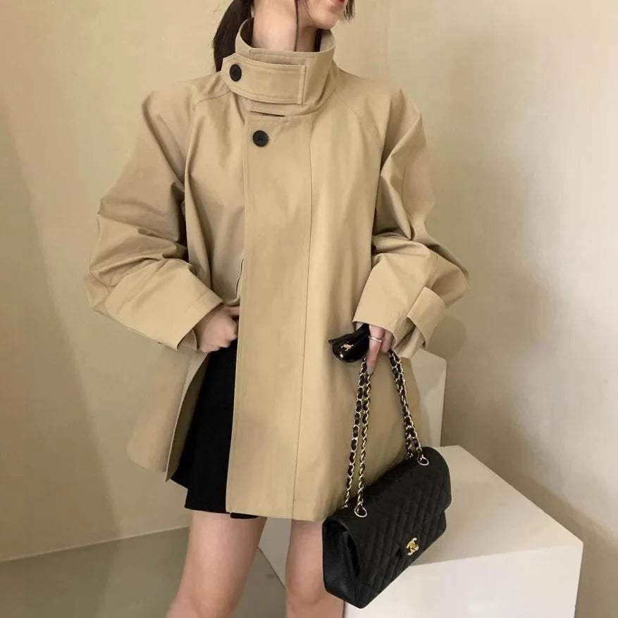 Korean Chic Loose Jackets Women Vintage Stand Collar Button Windbreaker Autumn Casual Coats Chaquetas Mujer