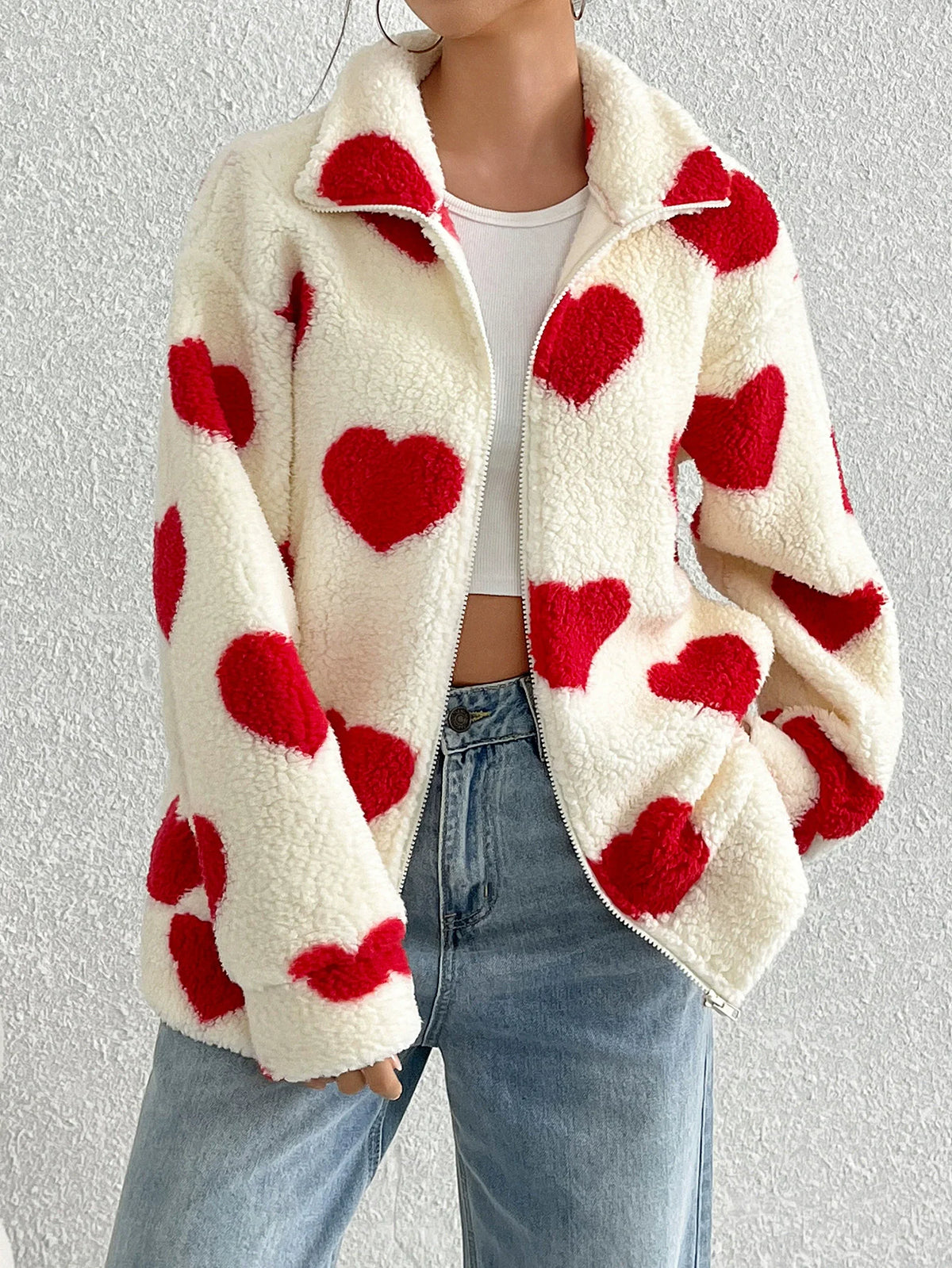 Women's Autumn/Winter New Plush Love Printed Loose Long Sleeve Zipper cardigan Coat