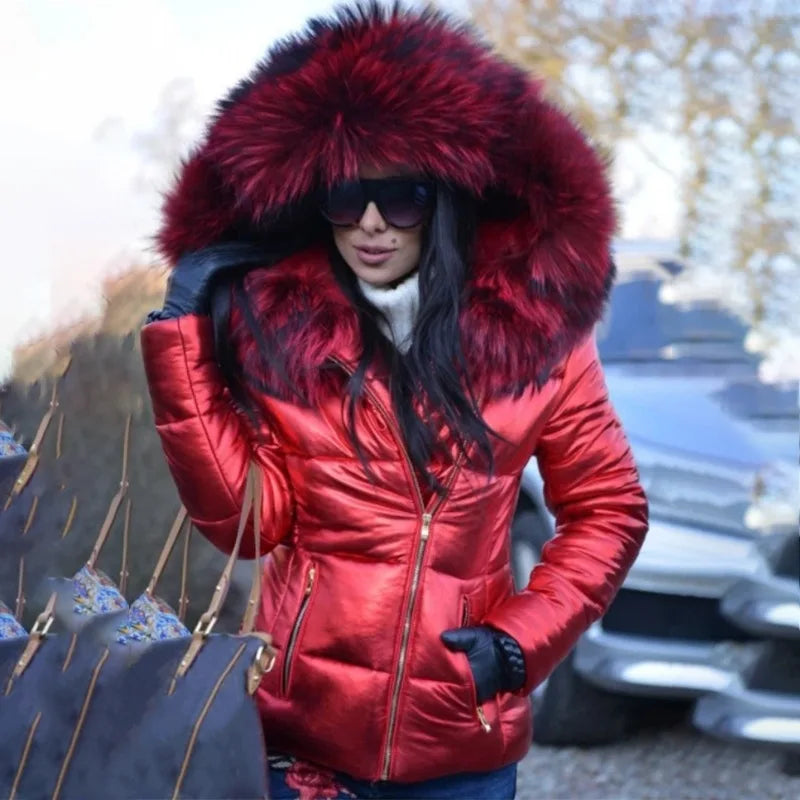New Hood Solid Color Fur Hooded Jacket Autumn Winter New Women's Cotton-Padded Down Short Parka Coat Jacket Fashion Casual