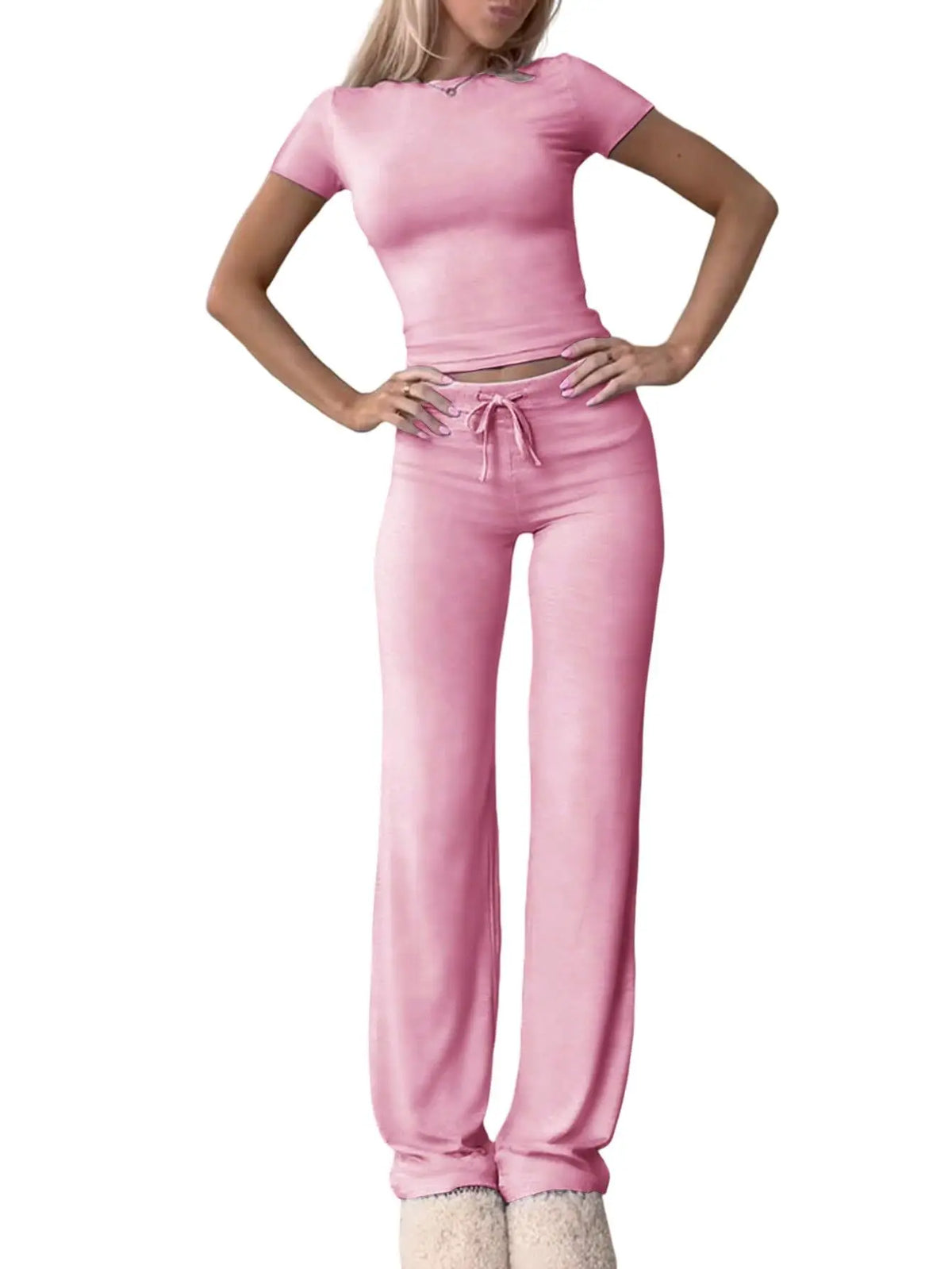 Summer Comfortable Casual Women's Home Sports Set New Fashionable Solid Color Slim Body Clothes + Trousers Two-piece Set