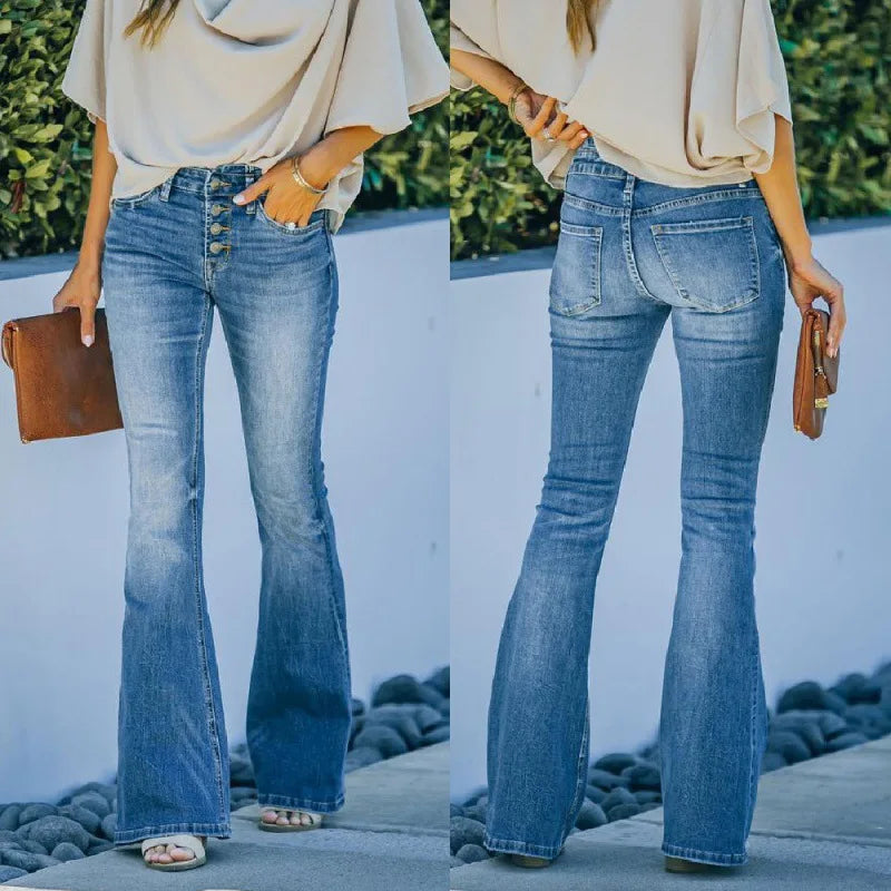 High Waist Trousers Loose Washed Jeans Pockets Slim Denim Flare Classic Women Vintage Stretch Straight Trousers