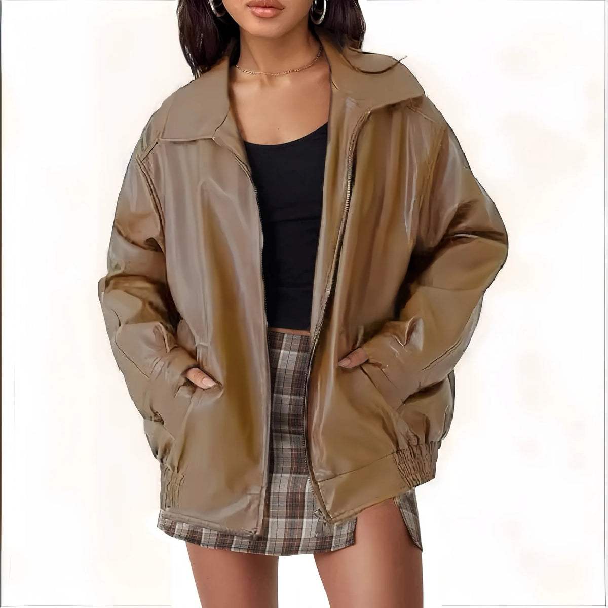 Vintage Brown Motorcycle Leather Jacket Women's Autumn New Style Korean Version Top Wholesale Artificial Leather  Coat Loose Fit