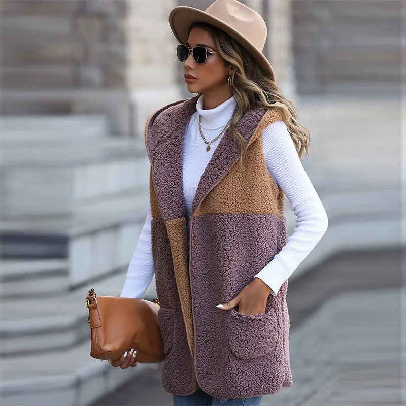 Autumn Winter Sleeveless Vest Coat Woman Khaki Hooded Plush Warm Waistcoat Lady Solid Casual Warm Vest Jacket