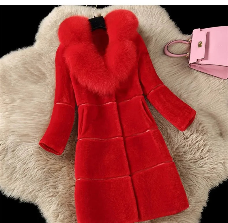 Winter Korean Version Women's New Faux Sheep Shearing Fur Coat Medium Length Faux Fur Collar Coat Office Lady Parkas