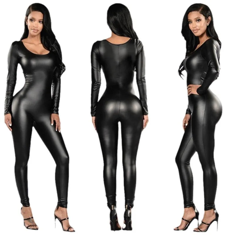 Women Jumpsuit Patent Leather Sexy Black Long Sleeve Jumpsuit Female Uniform Bodysuit