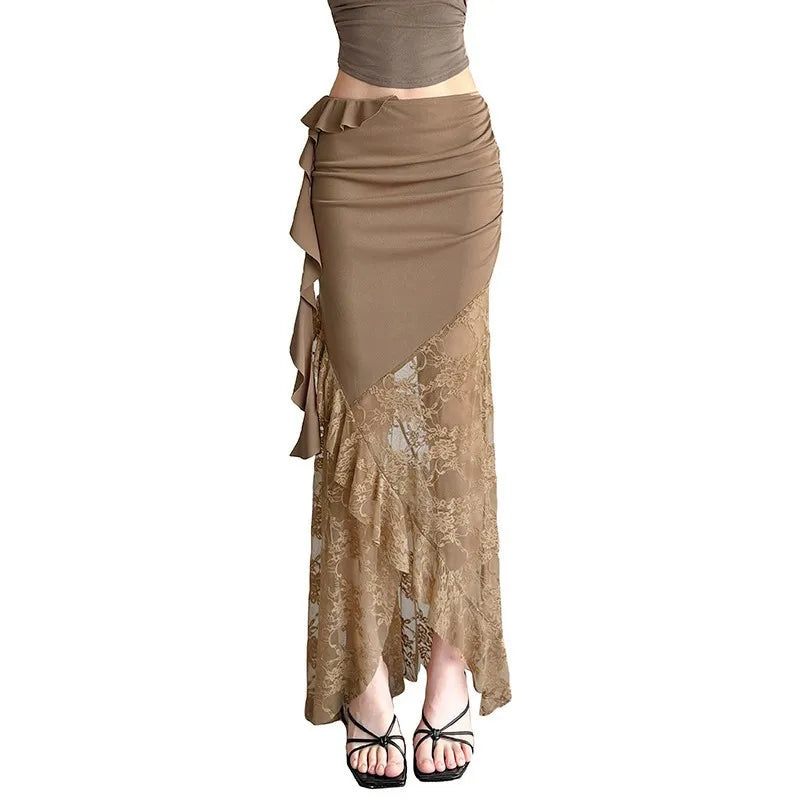 Ruched Ruffle Mesh Maxi Skirt