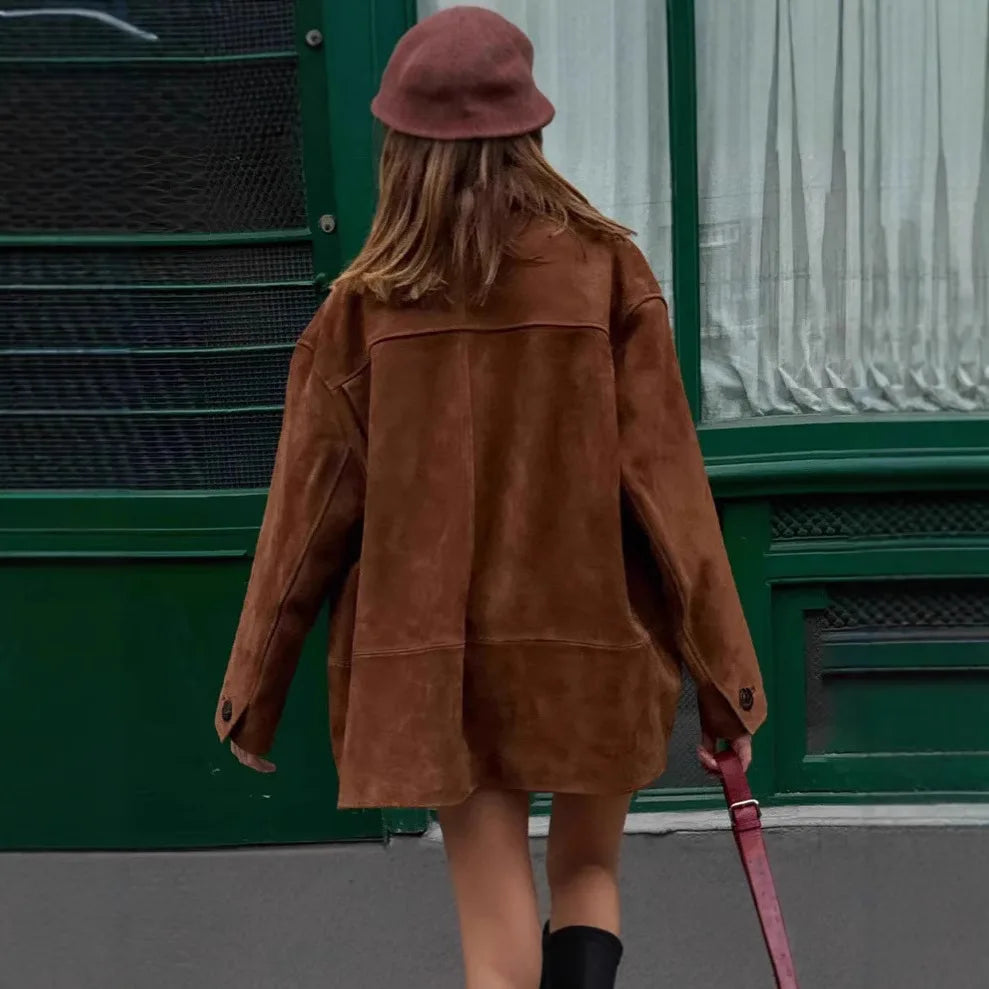 French collar long sleeved casual loose women's autumn new item 2025 short style suede texture effect jacket