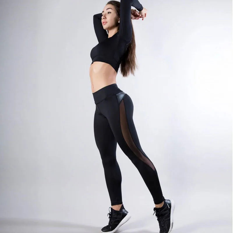 Women Skinny Leggings Black Yoga Sport Pants Pu Leather Patchwork Lady Jogging Pants Push Up Workout Sport Yoga Leggings Female
