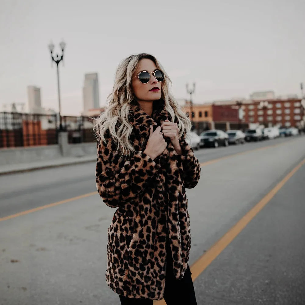 Fashion Women Faux Fur Leopard Print Coat Female Sexy All-Match Mid-Length Suit Collar Warm Outerwear