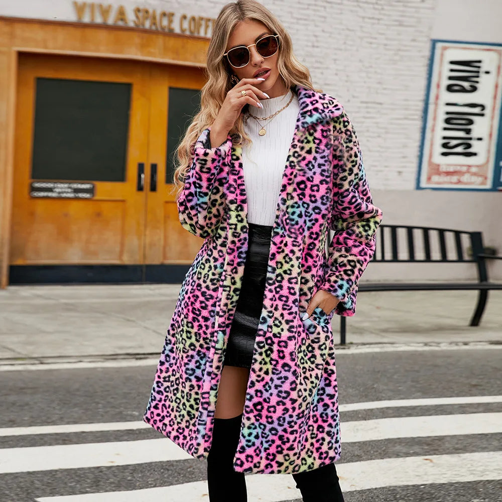 Autumn Winter Fur Coat Women Fashion Casual Square Collar Imitation Leopard Faux Fur Coat Plush Long Coat Winter Jacket