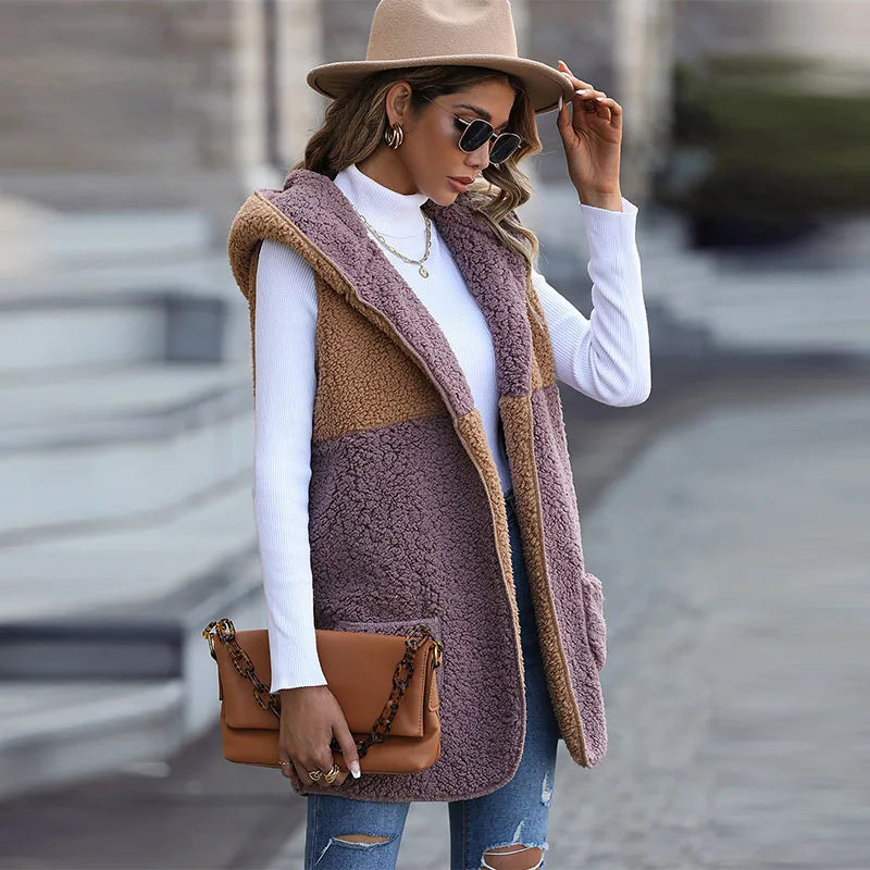 Autumn Winter Sleeveless Vest Coat Woman Khaki Hooded Plush Warm Waistcoat Lady Solid Casual Warm Vest Jacket