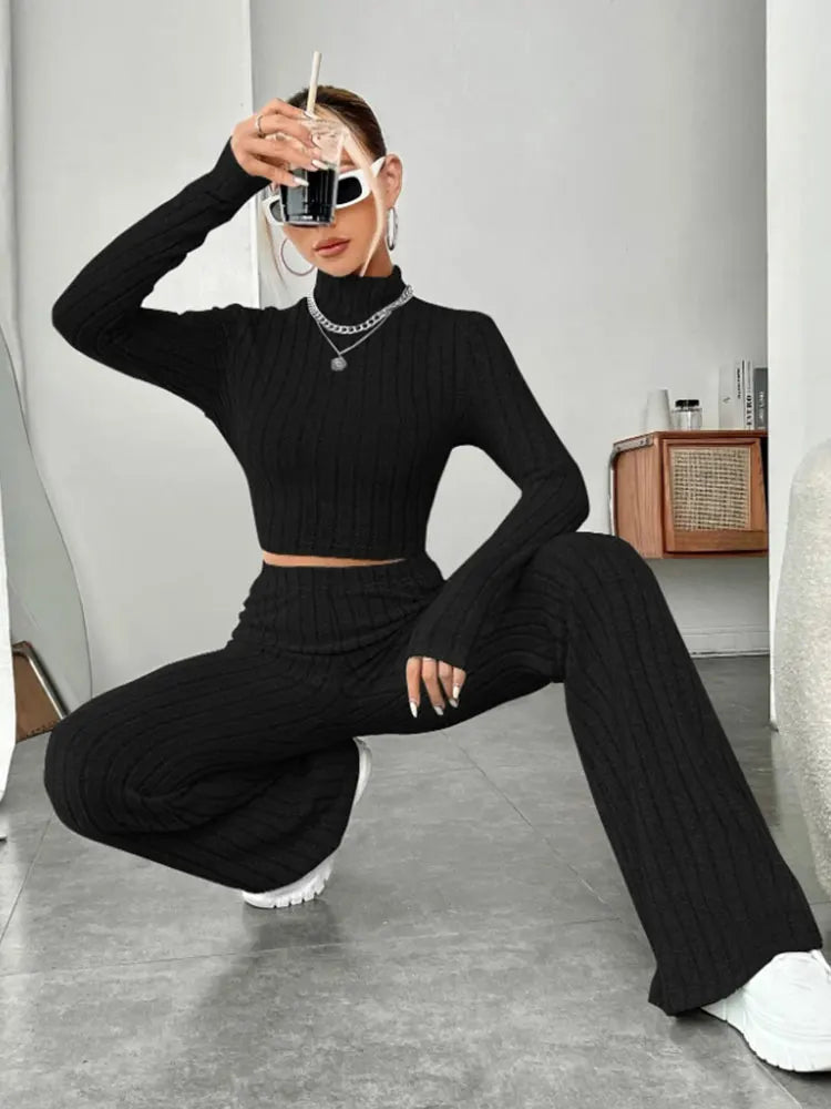 BEAUTY CLOSET COLLECTION - Stand Collar Knit Striped Long Sleeve T-Shirt And Pants