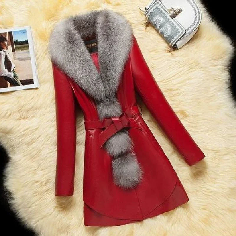 Winter Faux Fur Collar Leather Long Loose Coats Coat Female Jacket Parka Women Femme Rabbit Mink Sheepskin Fashion
