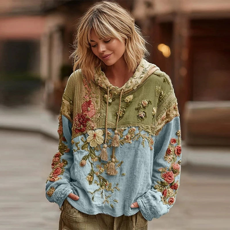 Casual French Flower Hoodie Top Women Autumn Spring Y2K Hoodie Floral Print Hoodie Loose Thin Polo Neck Coat Oversized Top New