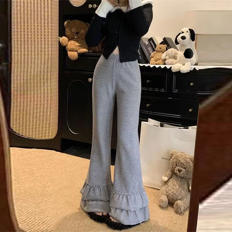 Casual Ruffles Flare Pants Women Korean Loose High Waist Sweet Trousers Vintage Simple Design Lady Elegant Wide Leg Pants