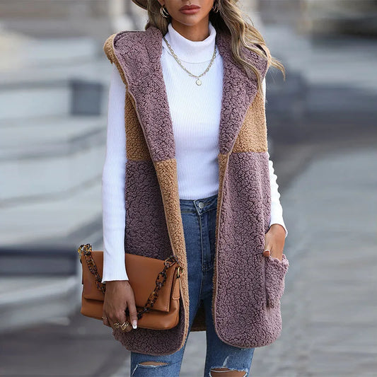 Autumn Winter Sleeveless Vest Coat Woman Khaki Hooded Plush Warm Waistcoat Lady Solid Casual Warm Vest Jacket