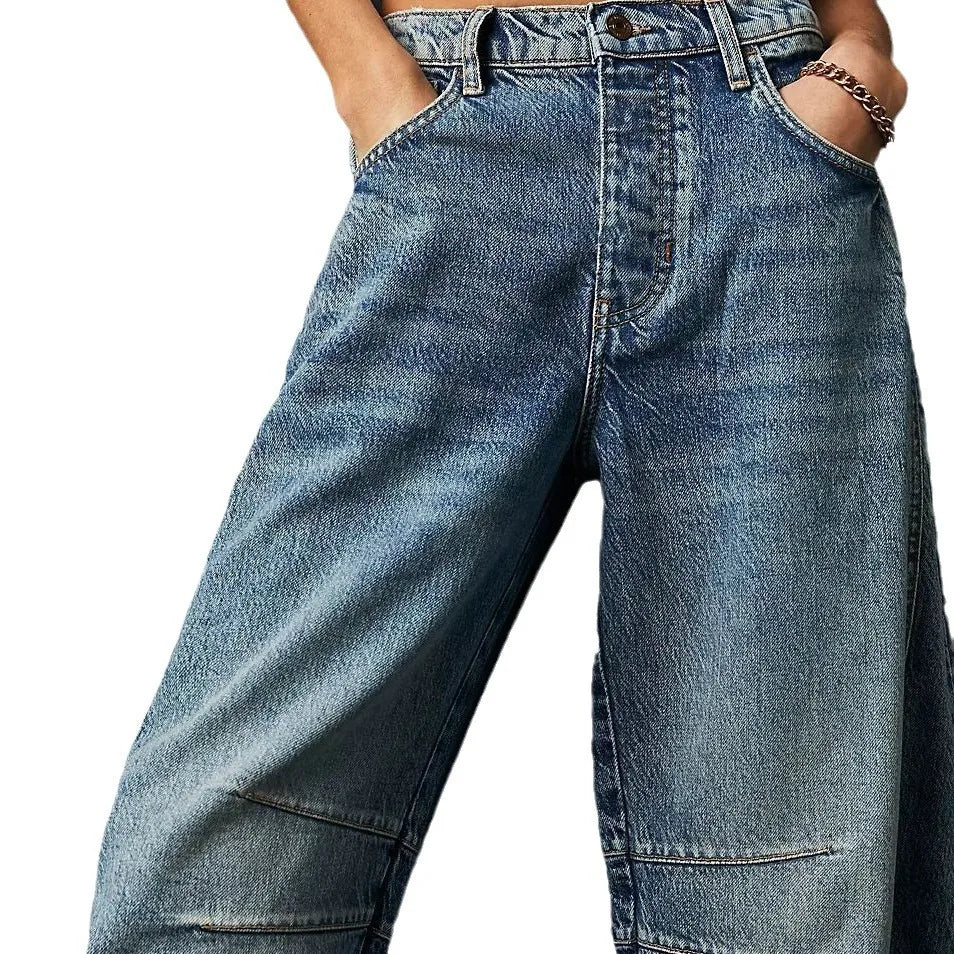 Retro Spliced washed High Waist Jeans for Women Simple Versatile Wide-leg Jean Hip-hop Harajuku Baggy Women Jeans