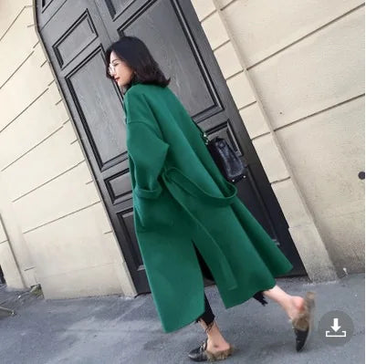 Women's Fashion Autumn/Winter New Slim Fit Waistband Flip Collar Woolen Coat