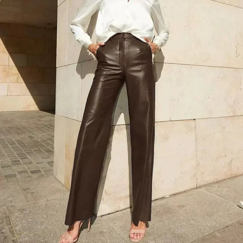 Elegant Women's Pants New Autumn Fashion PU Leather High Waist Hip Lifting Straight Leg Casual Y2k Trousers for Female