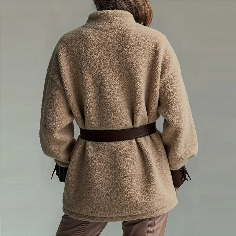 Women's Casual Long Sleeve Pocket PU Leather Coat Elegant Thickened Lamb Solid Jackets Fashion Lapel Button Patchwork Outercoat