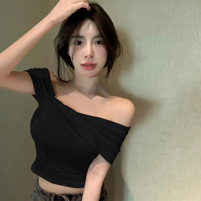 Solid Color One Shoulder Backless Shrink Tank Top T-Shirt Candy Color Tight Sexy Sleeveless Neckless Slim Casaul Top