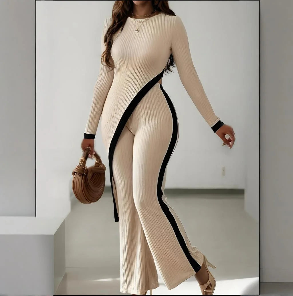 Fashionable long-sleeved contrasting color side slit T-shirt + spliced trousers suit